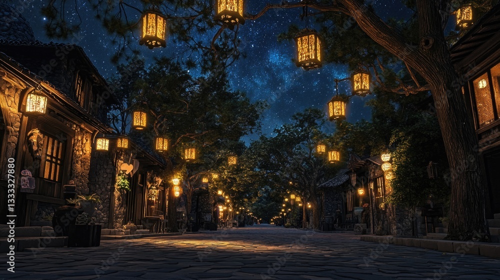 Fototapeta premium A cobblestone street is illuminated by ornate hanging lanterns at night