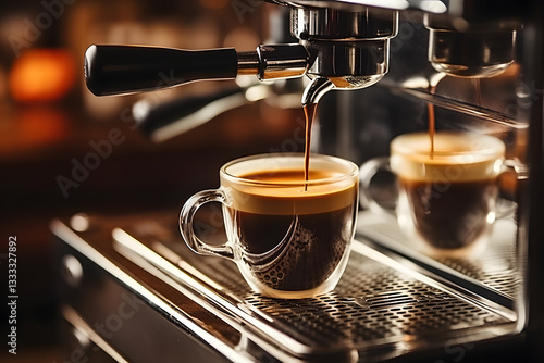 A steaming cup of coffee on a white saucer with scattered coffee beans around it.
