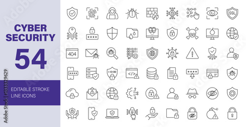 Cyber security icon set. Data protection related line icons: hacker, password, spam, antivirus, padlock, virus threat, phishing, firewall and more. Editable stroke. Vector illustration.