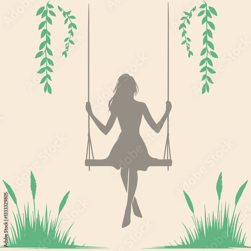 Minimalist woman swinging on swings background.
