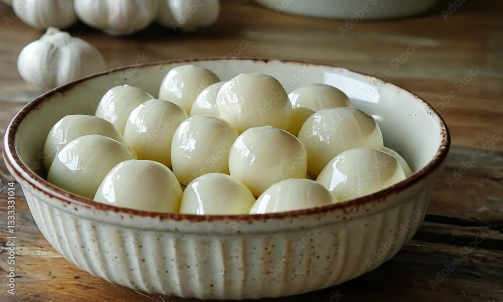 Freshly made cheese balls arranged in a rustic bowl on a wooden table, with garlic in the background Freshly made cheese balls arranged in a rustic bowl on a wooden table, with garlic in the background