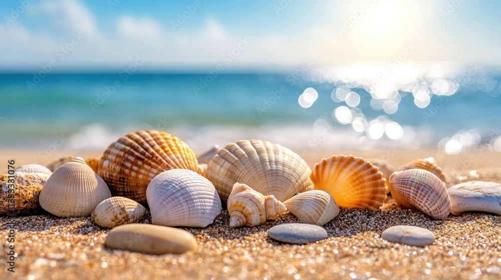Seashells on golden beach, sunlit ocean background Seashells on golden beach, sunlit ocean background