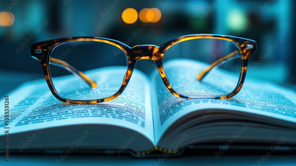 Open book with eyeglasses, dimly lit cafe background Open book with eyeglasses, dimly lit cafe background