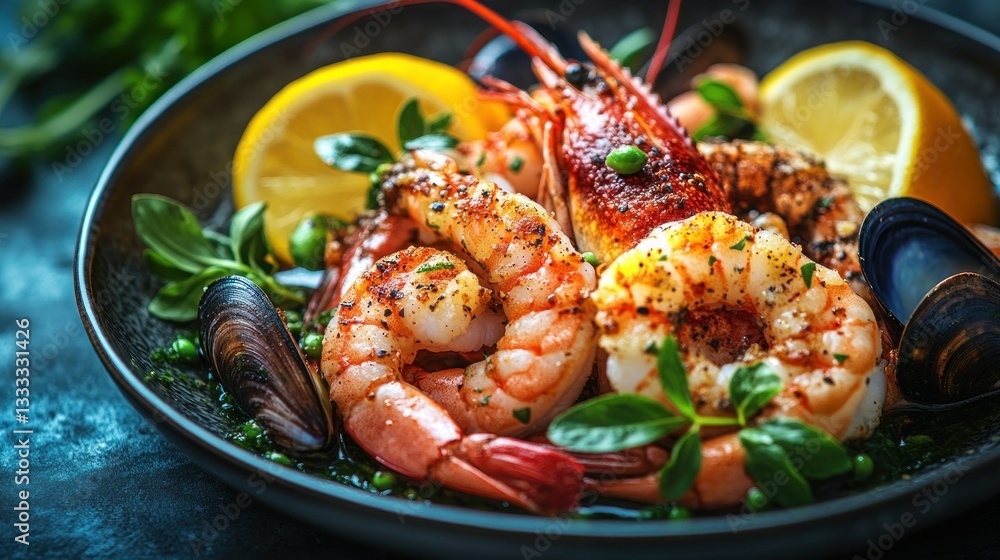 Grilled shrimp and mussels, garnished with herbs and lemon Grilled shrimp and mussels, garnished with herbs and lemon