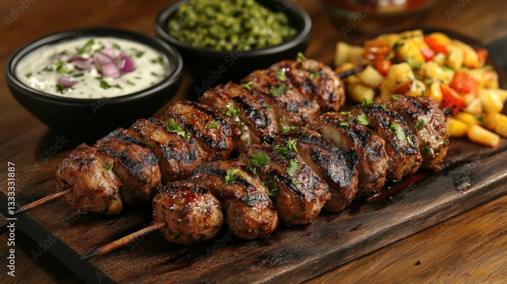 Grilled skewers of seasoned meat, garnished with fresh herbs, served with colorful sides and dipping sauces Grilled skewers of seasoned meat, garnished with fresh herbs, served with colorful sides and dipping sauces