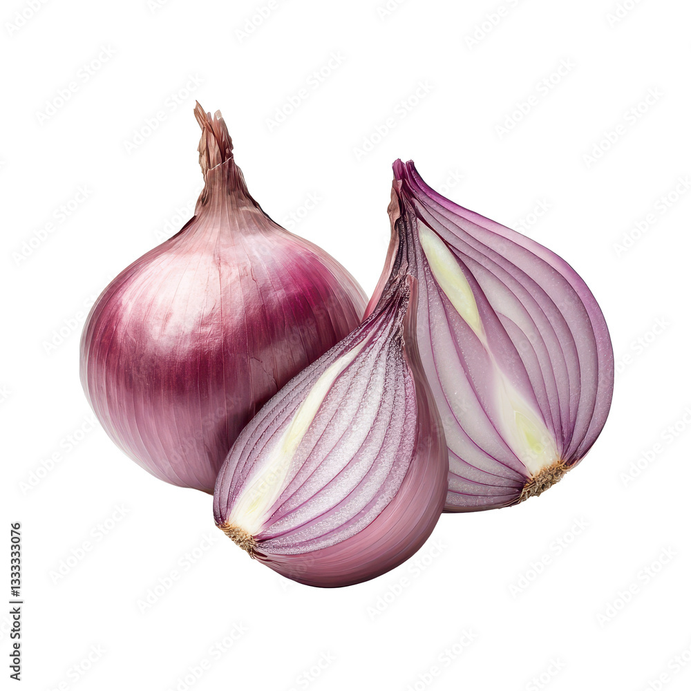 Fototapeta premium Fresh shallots isolated on white background for culinary use and recipes preparation, half or piece onions shallots isolated, isolated on white background