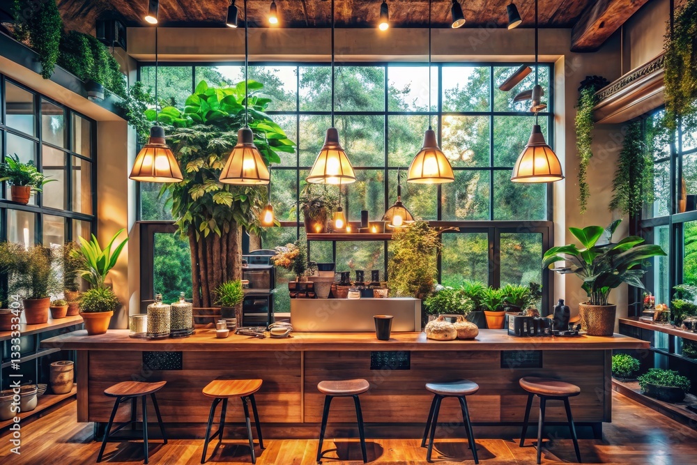 Fototapeta premium Indoor Cafe with Plants and Natural Light