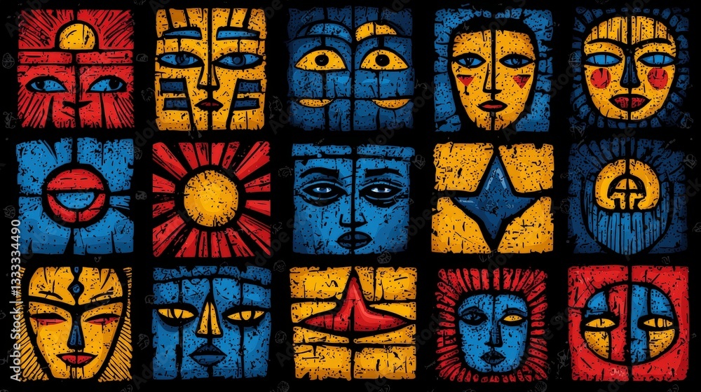 Colorful Abstract Faces and Symbols with Creative Patterns and Vibrant Colors Colorful Abstract Faces and Symbols with Creative Patterns and Vibrant Colors