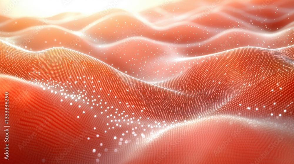 Fototapeta premium Abstract Digital Landscape with Flowing Waves and Light Particles in Warm Red Tones