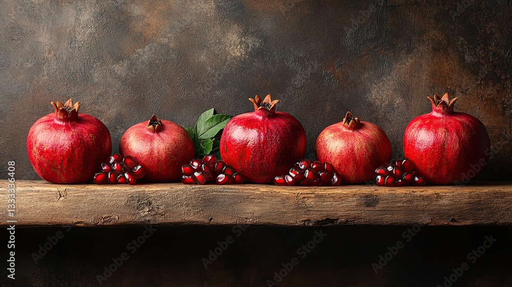 Fresh pomegranates arranged on a rustic wooden shelf Fresh pomegranates arranged on a rustic wooden shelf