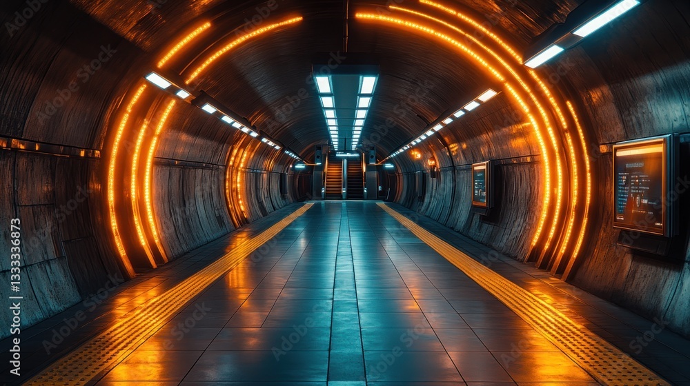 Fototapeta premium Futuristic subway tunnel platform, vibrant lighting, city transit, advertising