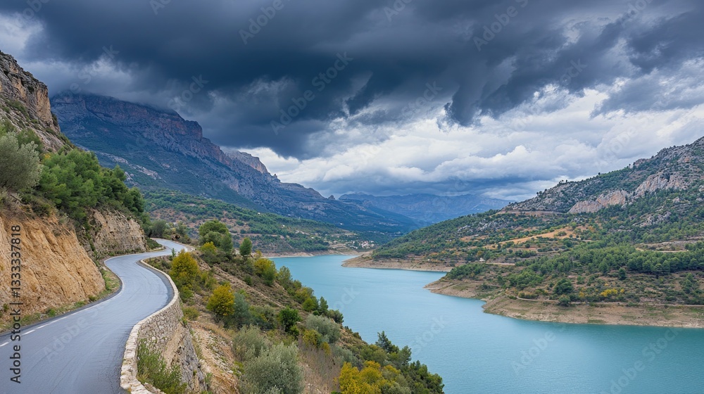 Obraz premium Winding road along a lake in a mountainous landscape under a cloudy sky