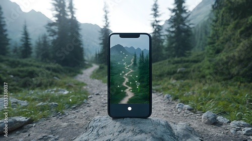 Smartphone showing a nature path with highlights of specific points of interest on screen
