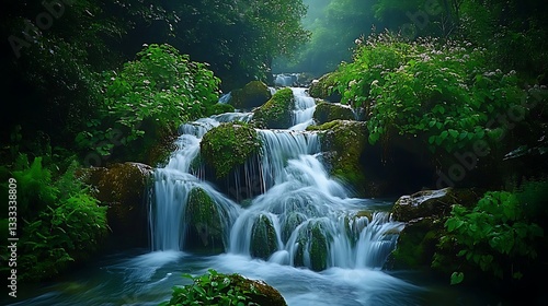 Cascading Waterfall Serenity Lush Greenery Nature's Beauty Flowing Water Mossy Rocks Tranquil Scene Outdoors Perfect for Nature Enthusiasts