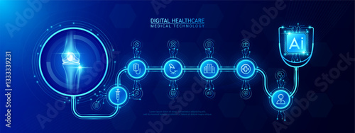 Knee joint bone organ human and AI chip medical in stethoscope with icon cross, syringe, hospital, doctor. Technology digital health care check up modern. Dark blue background banner vector.