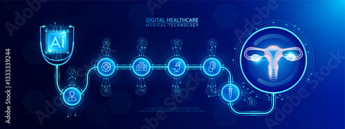 Female uterus and AI chip medical in stethoscope with icon cross, syringe, hospital, doctor. Technology digital health care check up modern. Dark blue background banner vector.