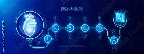 Heart organ human and AI chip medical in stethoscope with icon cross, syringe, hospital, doctor. Technology digital health care check up modern. Dark blue background banner vector.