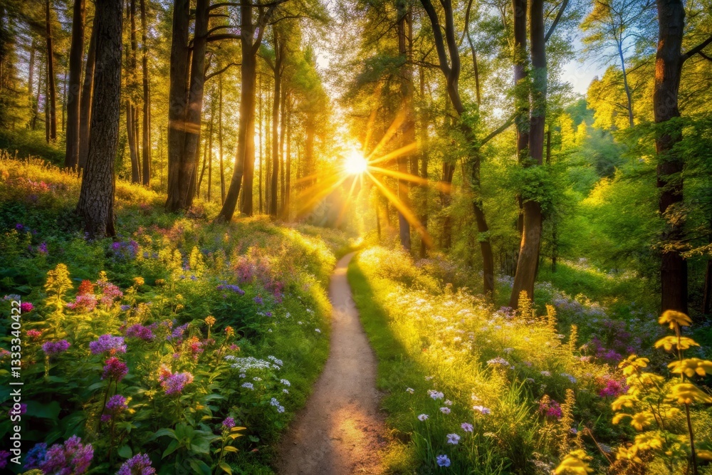 Fototapeta premium Sunlit Path Through Blooming Forest