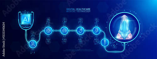 Nose organ human and AI chip medical in stethoscope with icon cross, syringe, hospital, doctor. Technology digital health care check up modern. Dark blue background banner vector.