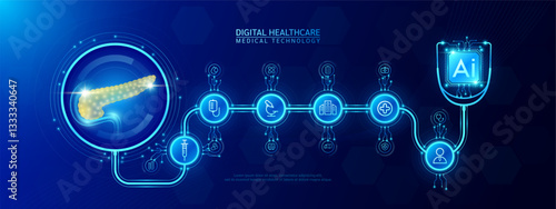 Pancreas organ human and AI chip medical in stethoscope with icon cross, syringe, hospital, doctor. Technology digital health care check up modern. Dark blue background banner vector.