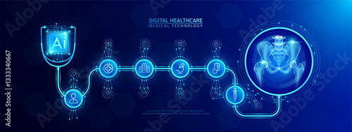 Pelvis joint bone and AI chip medical in stethoscope with icon cross, syringe, hospital, doctor. Technology digital health care check up modern. Dark blue background banner vector.