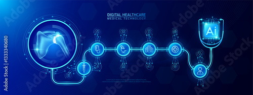 Shoulder joint bone organ human and AI chip medical in stethoscope with icon cross, syringe, hospital, doctor. Technology digital health care check up modern. Dark blue background banner vector.