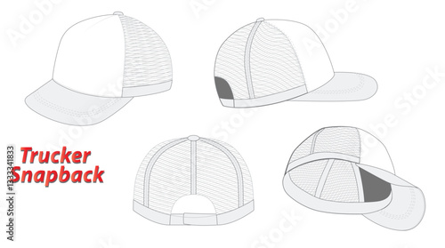 Set of Trucker Snapback Cap Dimensions, Various Hat Dimensions,  Design and Structure Illustration, isolated on white
