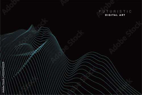 futuristic abstract digital cyan wave line art, dynamic 3d terrain mesh with particle grid, technology wireframe landscape, cyber data flow visualization for modern sci-fi background creative design