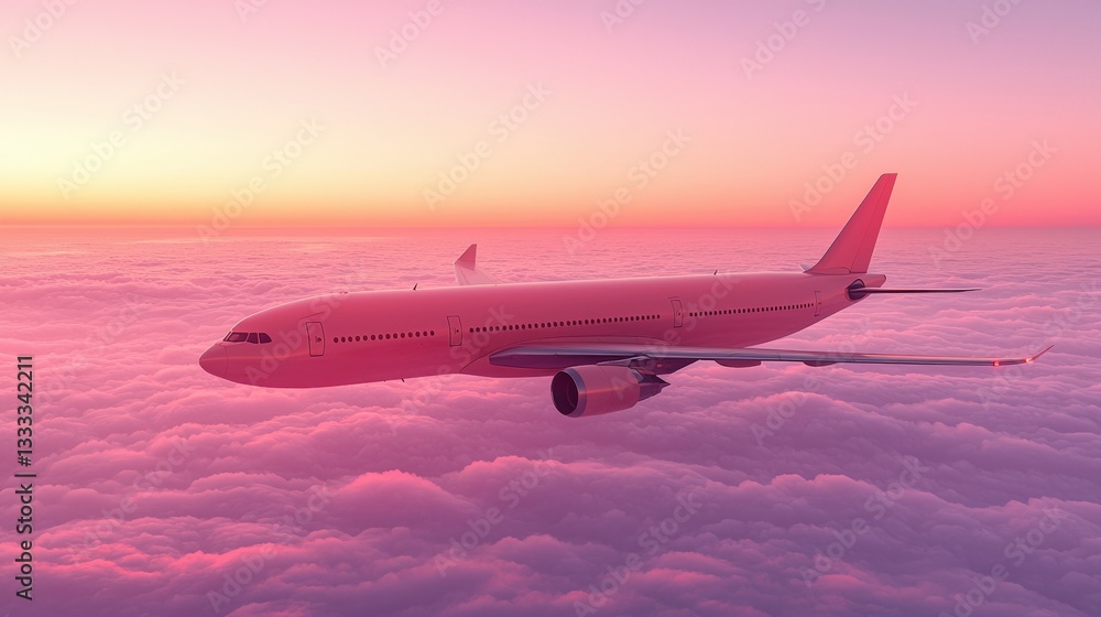 Fototapeta premium Serene Airplane Flying Above the Clouds at Sunset with Vibrant Pink and Orange Sky Colors