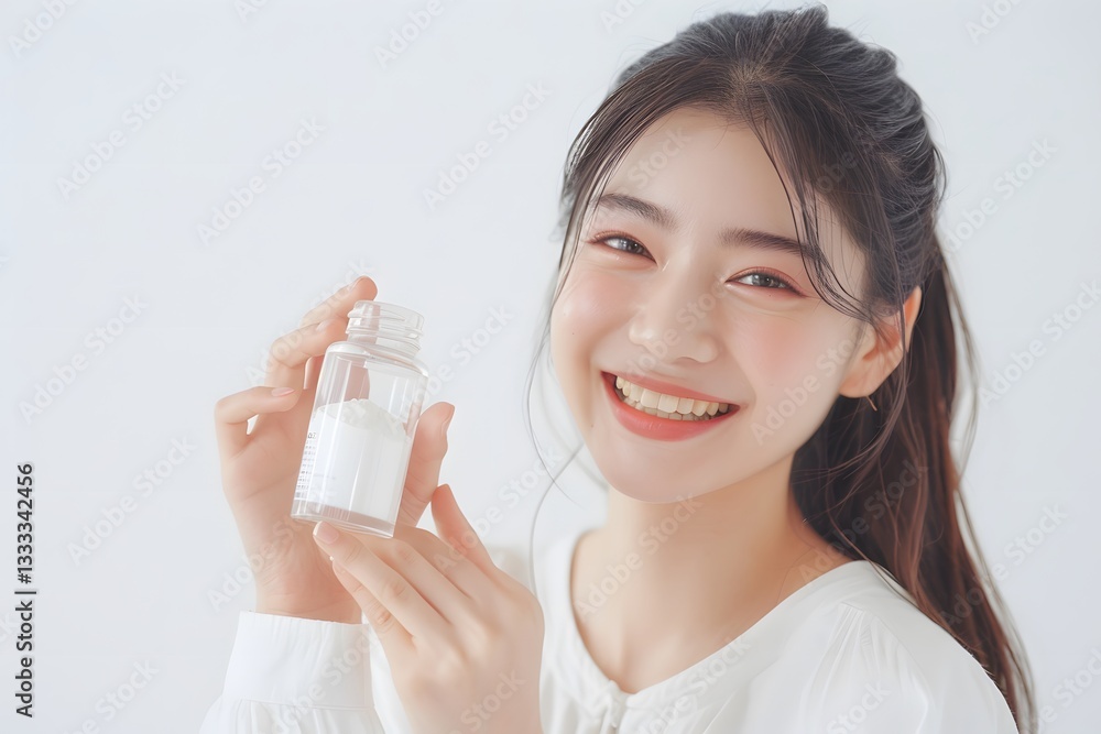 Happy Asian Woman Holding Bottle of Cosmetic Product - Skincare, Beauty, Hydration, and Self-Care Happy Asian Woman Holding Bottle of Cosmetic Product - Skincare, Beauty, Hydration, and Self-Care