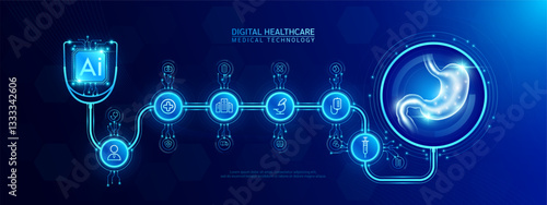 Stomach and AI chip medical in stethoscope with icon cross, syringe, hospital, doctor. Technology digital health care check up modern. Dark blue background banner vector.