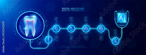 Teeth organ human and AI chip medical in stethoscope with icon cross, syringe, hospital, doctor. Technology digital health care check up modern. Dark blue background banner vector.