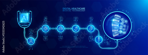 Vertebral and AI chip medical in stethoscope with icon cross, syringe, hospital, doctor. Technology digital health care check up modern. Dark blue background banner vector.