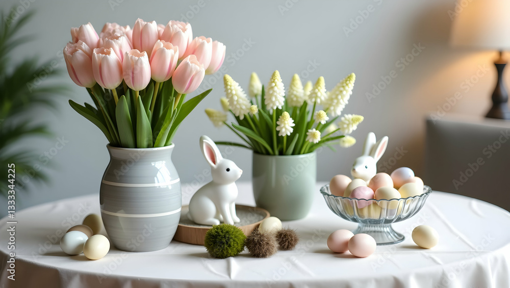 Obraz premium Elegant Easter Table Arrangement with Tulips, Hyacinths, and Bunny