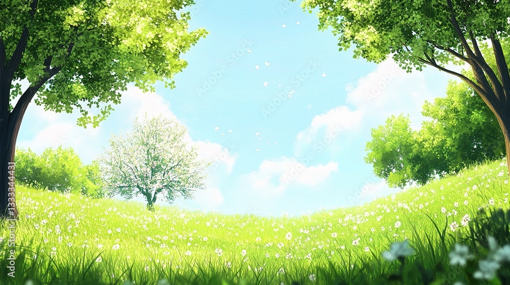 Fototapeta premium Vibrant Springtime Natural Background with Lush Greenery and Flowers