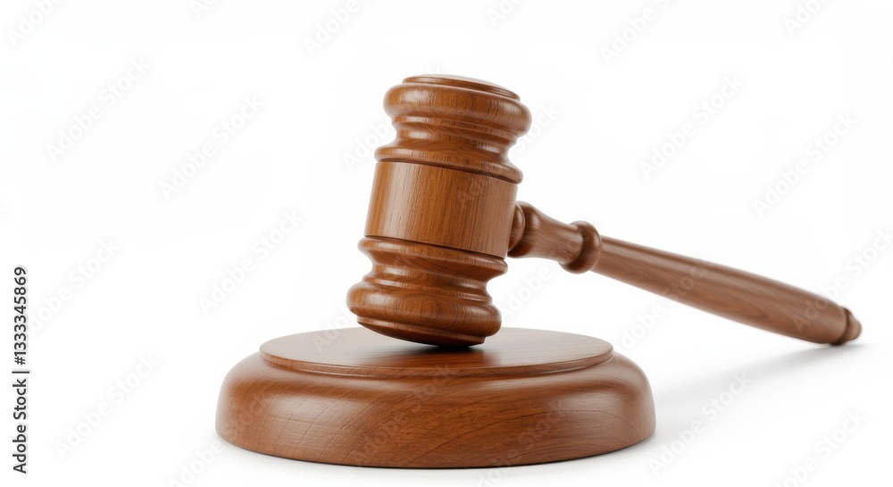 Wooden gavel resting on a round base, symbolizing justice and legal proceedings in a minimalist setting Wooden gavel resting on a round base, symbolizing justice and legal proceedings in a minimalist setting