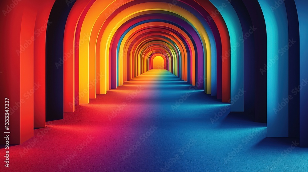 Fototapeta premium Vibrant Abstract Corridor with Colorful Arches Creating Illumination and Depth in a 3D Space