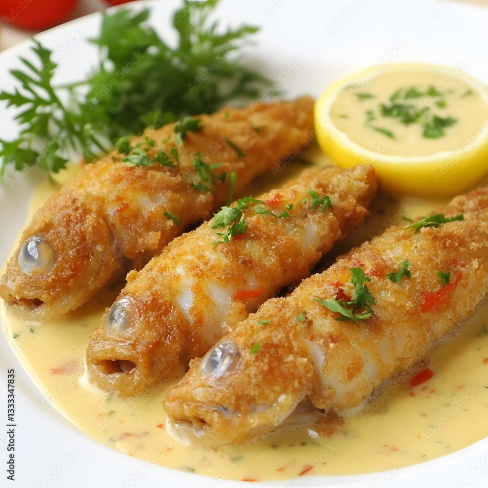 Crispy Breaded Fish Fillets in Creamy Sauce Gourmet Dish Crispy Breaded Fish Fillets in Creamy Sauce Gourmet Dish