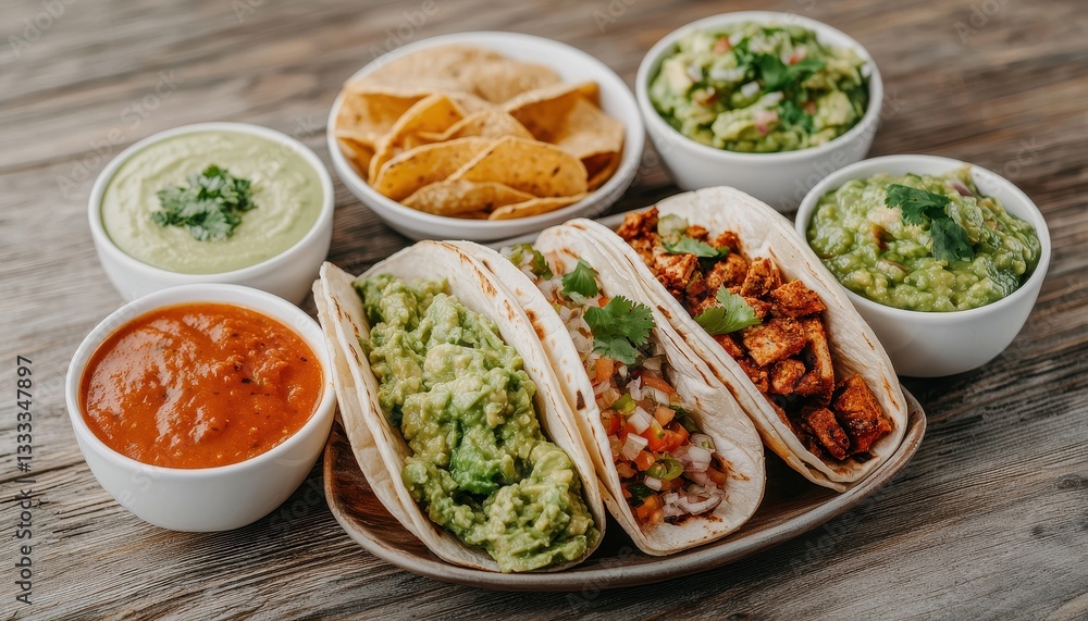 Cinco de Mayo concept. Delicious tacos with guacamole, salsa and tortilla chips on a rustic wooden table. Cinco de Mayo concept. Delicious tacos with guacamole, salsa and tortilla chips on a rustic wooden table.
