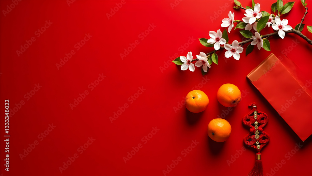 Festive Lunar New Year Still Life with Oranges, Blossom and Red Packets Festive Lunar New Year Still Life with Oranges, Blossom and Red Packets