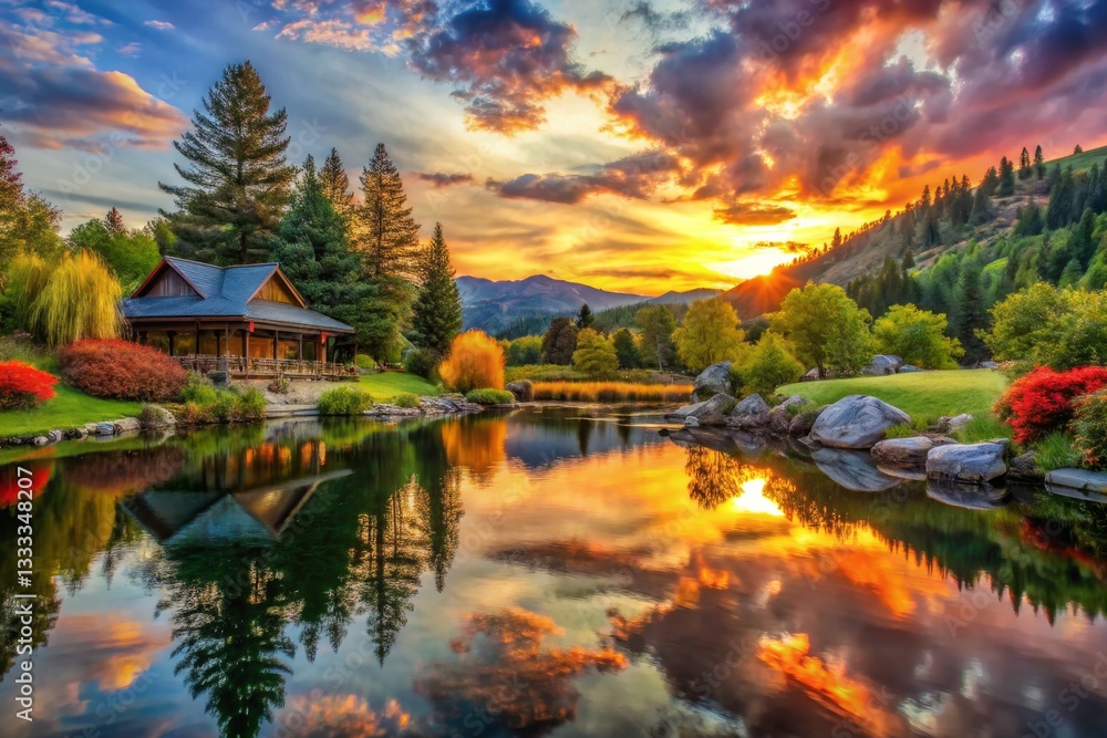Lakeside Cabin at Sunset Reflection Lakeside Cabin at Sunset Reflection