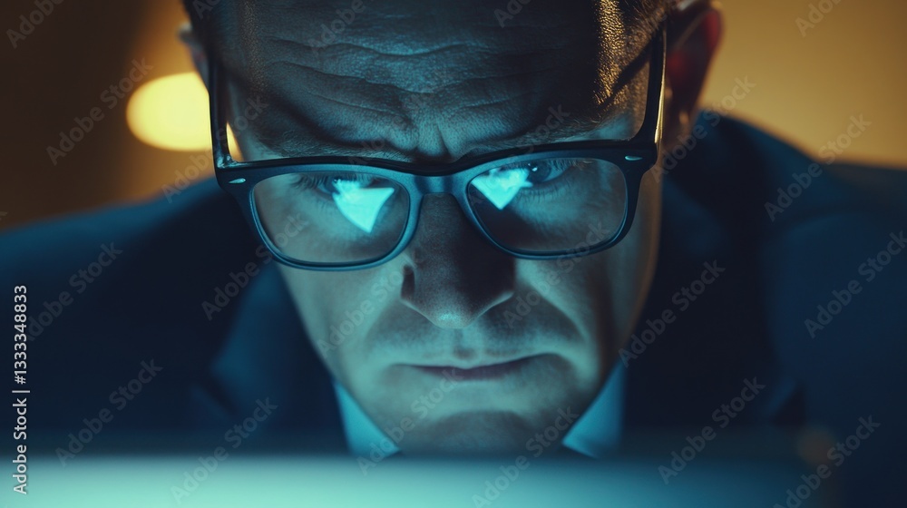 Concentrated businessman intensely focused on screen reflects determination Concentrated businessman intensely focused on screen reflects determination