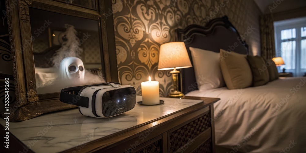 Ghostly apparition in a stylish hotel room with virtual reality headset and candlelight ambience