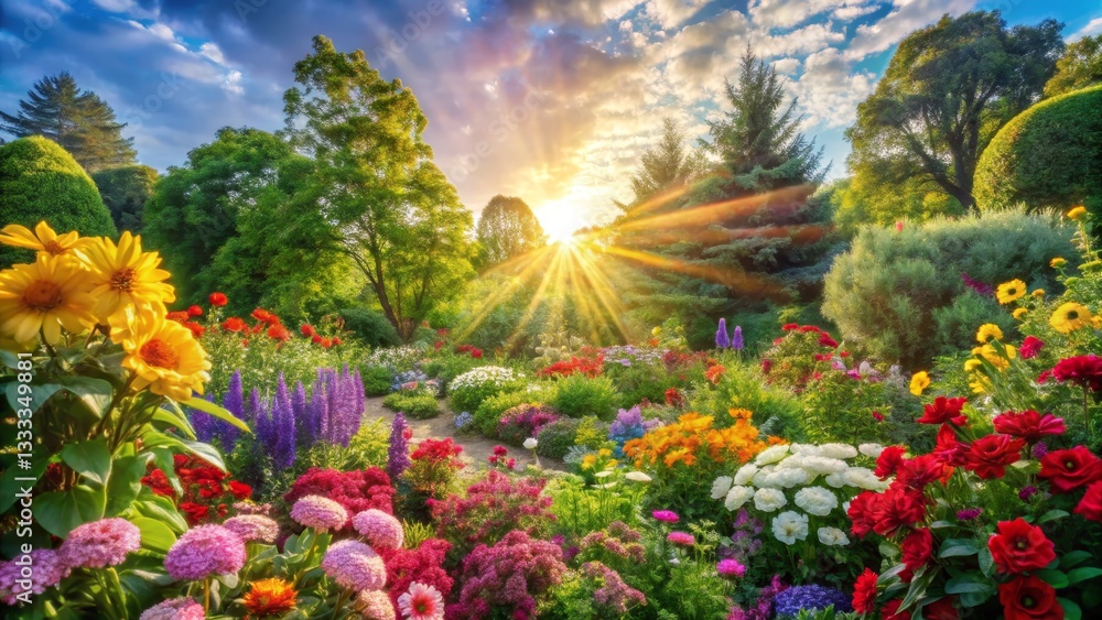 Fototapeta premium Vibrant Flower Garden with Sunlight