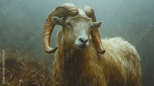 Ram strolling gracefully in the rain capturing the essence of the capricorn zodiac sign in a natural setting