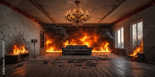 Fire engulfs a living room with a chandelier, burnt furniture, and smoke-filled atmosphere during a chaotic moment