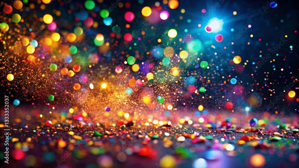 Naklejka premium Colorful confetti, vibrant bokeh lights, sparkling glitter, festive atmosphere, celebration, party background, multicolored dots, blurred sparkles, dynamic composition, macro photography, shiny partic