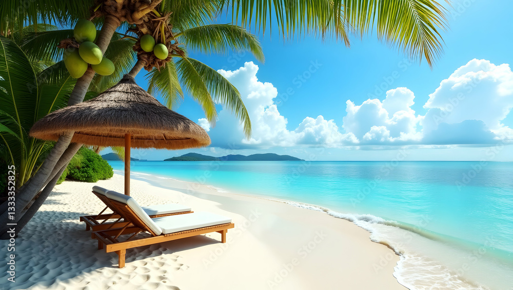 Obraz premium Idyllic Tropical Beach Scene with Lounge Chairs and Turquoise Water