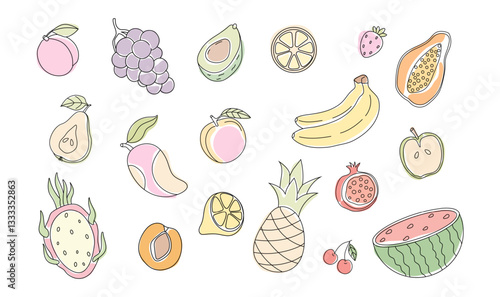 Colorful assortment of hand-drawn fruits and berries arranged artistically on a white background