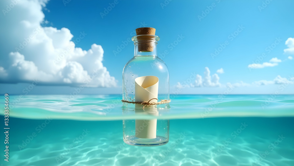 Obraz premium Message in a bottle floating in the ocean under a clear blue sky with clouds, dreamy tropical seascape and a hope concept illustration